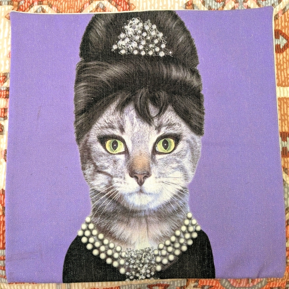 Elegant Jeweled Cat Audrey Purple Cushion Pillow Cover